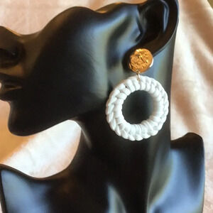 White Leather and Goldtone Earrings